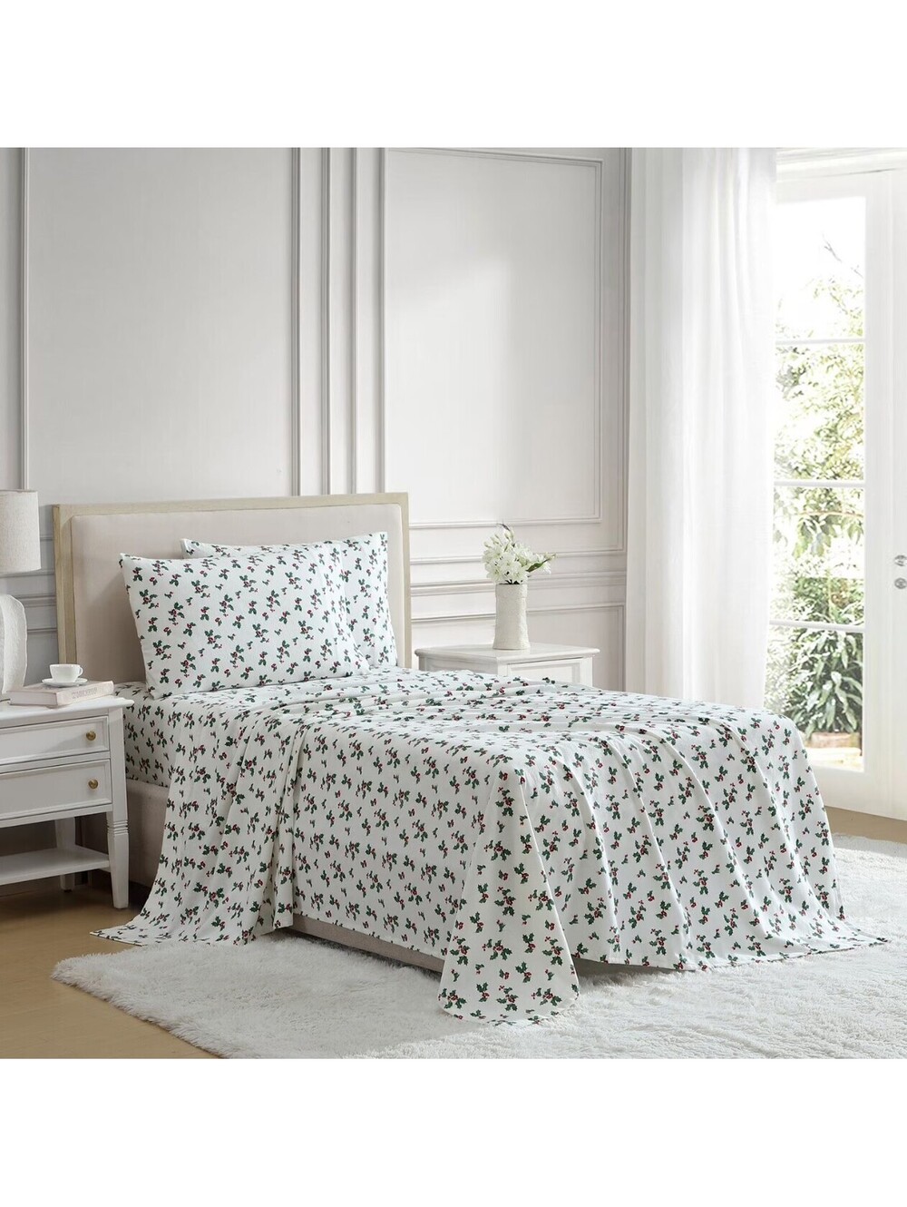 Lenox Flannel Sheet Set, Holly Green Berries, QUEEN